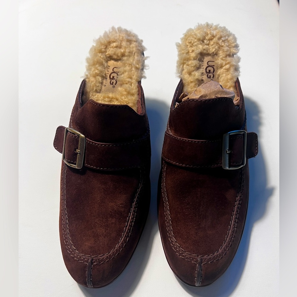 UGG Isabella Brown Suede Sheepskin Buckle Clog Block Heels